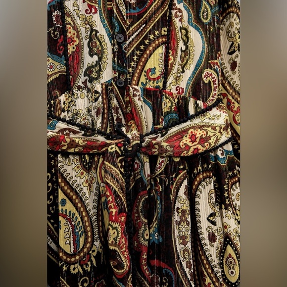 Zara Alabama Belted Midi Shirt Dress Women’s Medium Gold Paisley Lurex Button Up - Picture 4 of 13